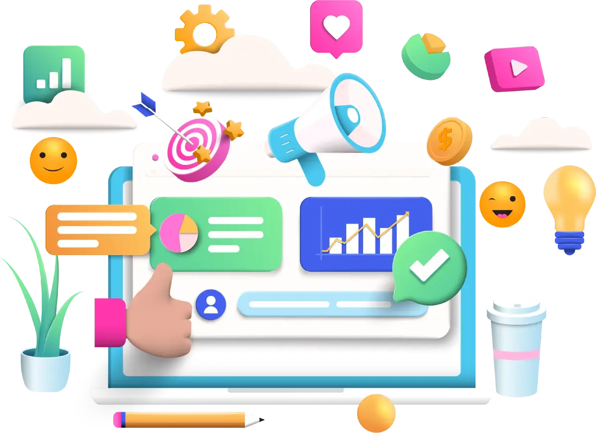 Digital-marketing-services A bunch of icons such as a screen, a target, emojis, social media icons and graphs showing different marketing services offered by Pixel Developments