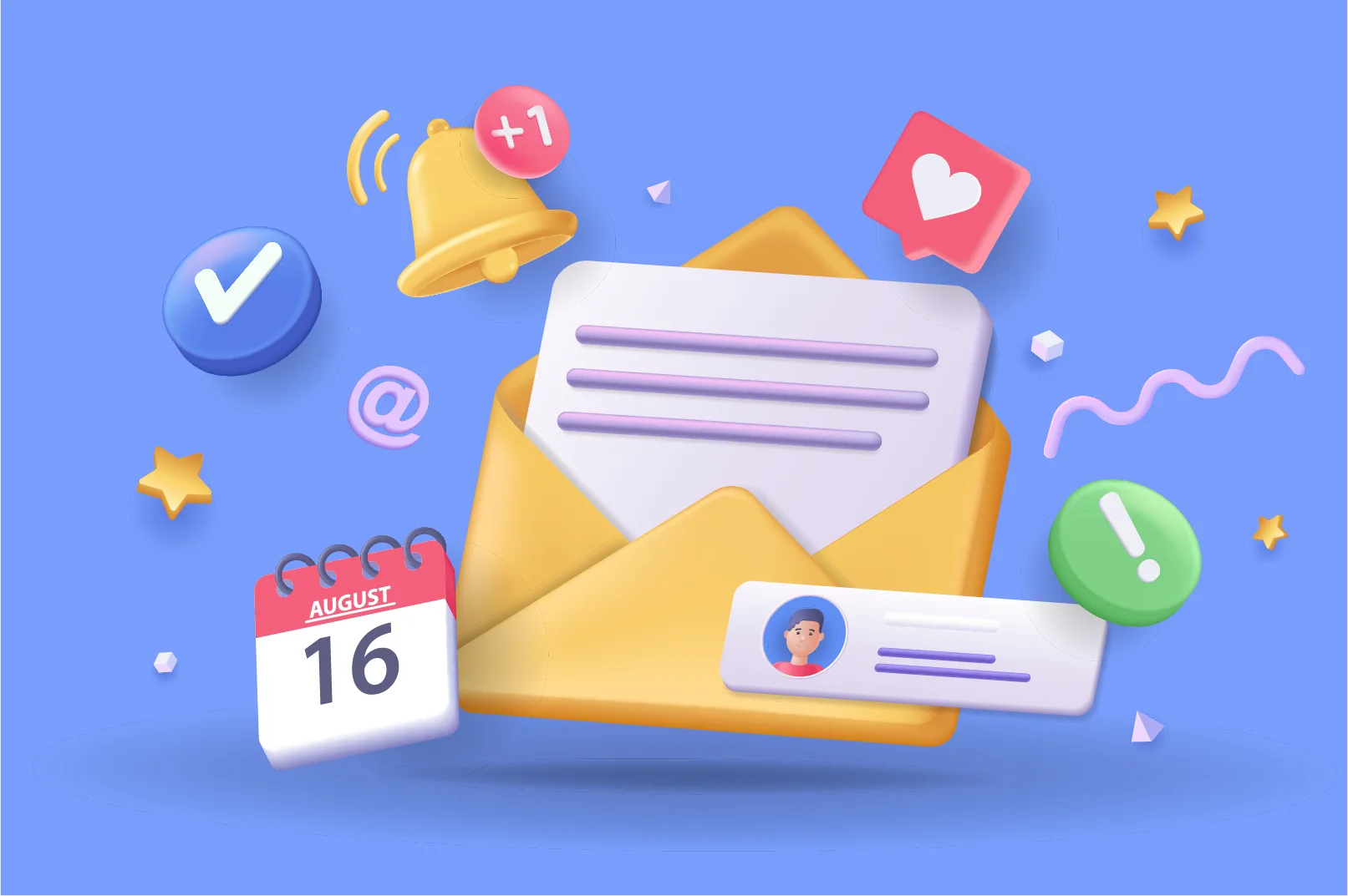 Email-marketing-inbox-calendar-notifications An envelope surrounded by a few icons such as a calendar, a checkmark and a notification icon