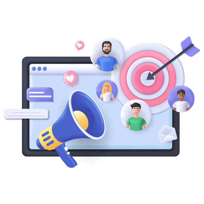 Paid-advertising A screen showing a target audience and a marketing megaphone pointing at their direction