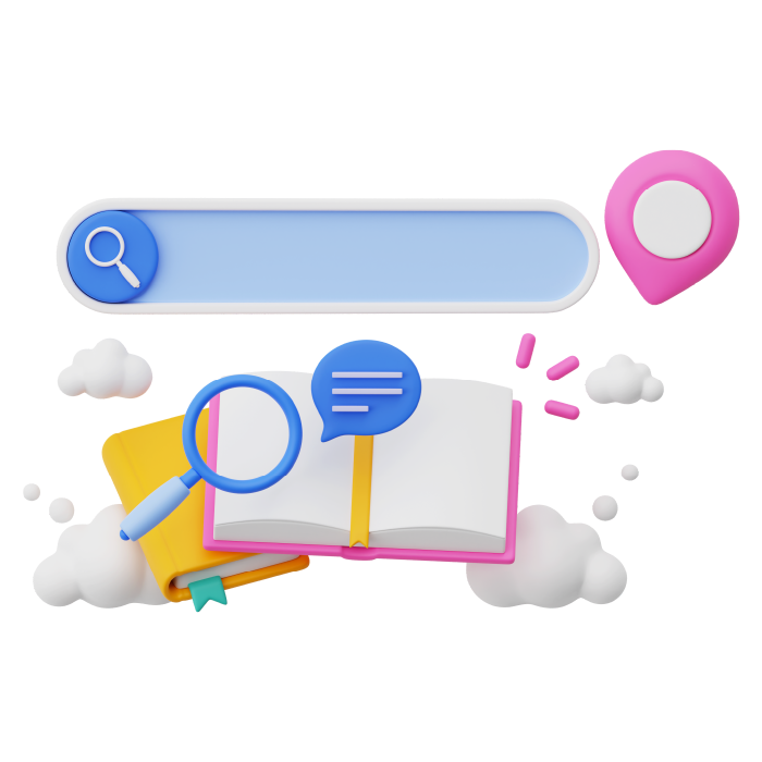 SEO A search bar, a book and a magnifying glass over it, relating to SEO research